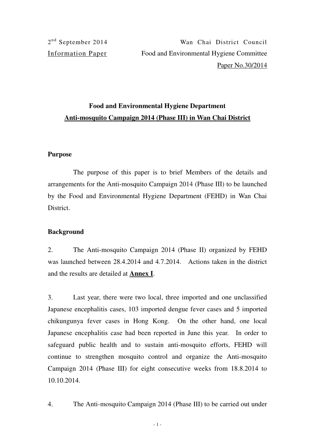 Information Paper Food and Environmental Hygiene Committee Paper No.30/2014