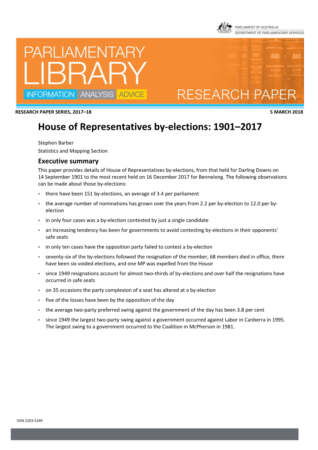 House of Representatives By-Elections 1901–2014