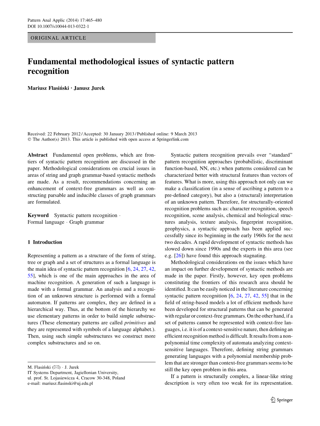 Fundamental Methodological Issues of Syntactic Pattern Recognition