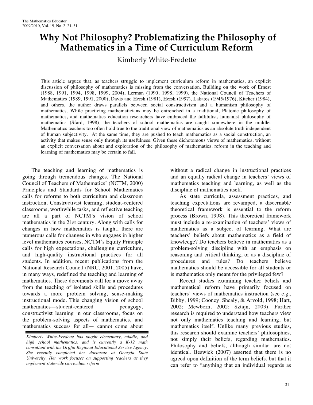 Problematizing the Philosophy of Mathematics in a Time of Curriculum Reform Kimberly White-Fredette