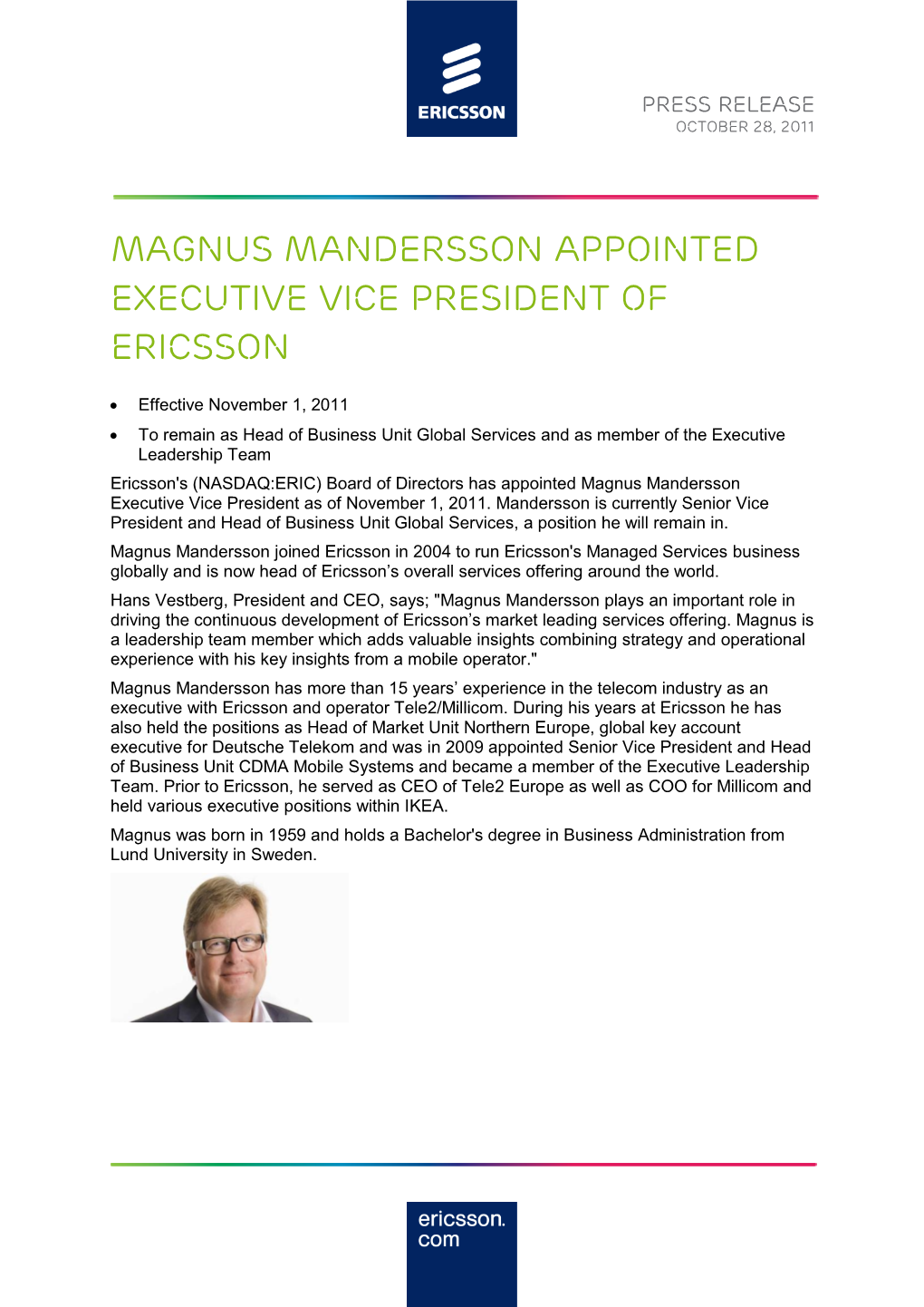 Magnus Mandersson Appointed Executive Vice President of Ericsson