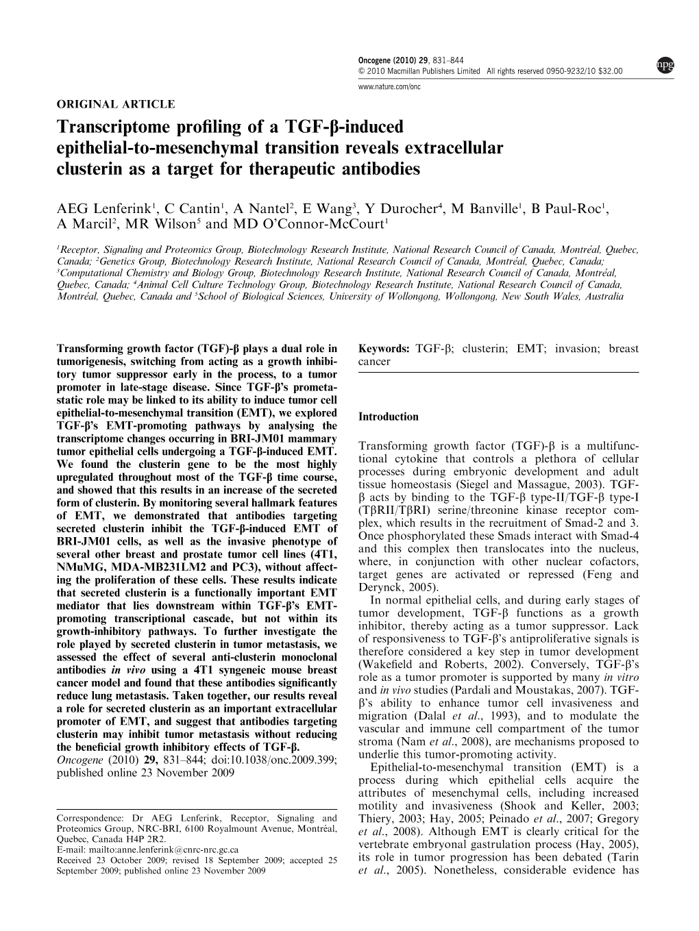 Transcriptome Profiling of a TGF-Β-Induced Epithelial-To