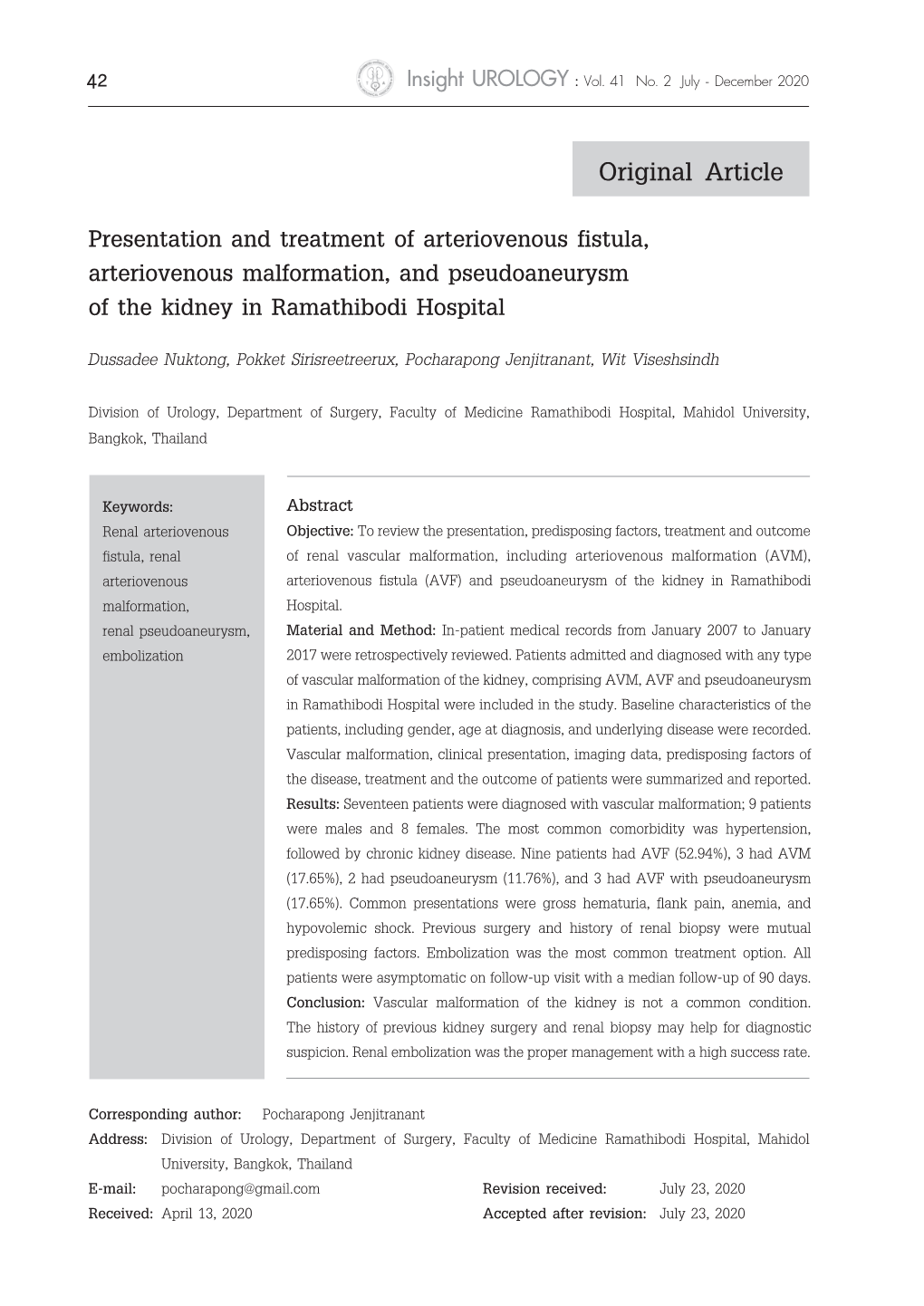 Presentation and Treatment of Arteriovenous Fistula, Arteriovenous Malformation, and Pseudoaneurysm of the Kidney in Ramathibodi Hospital