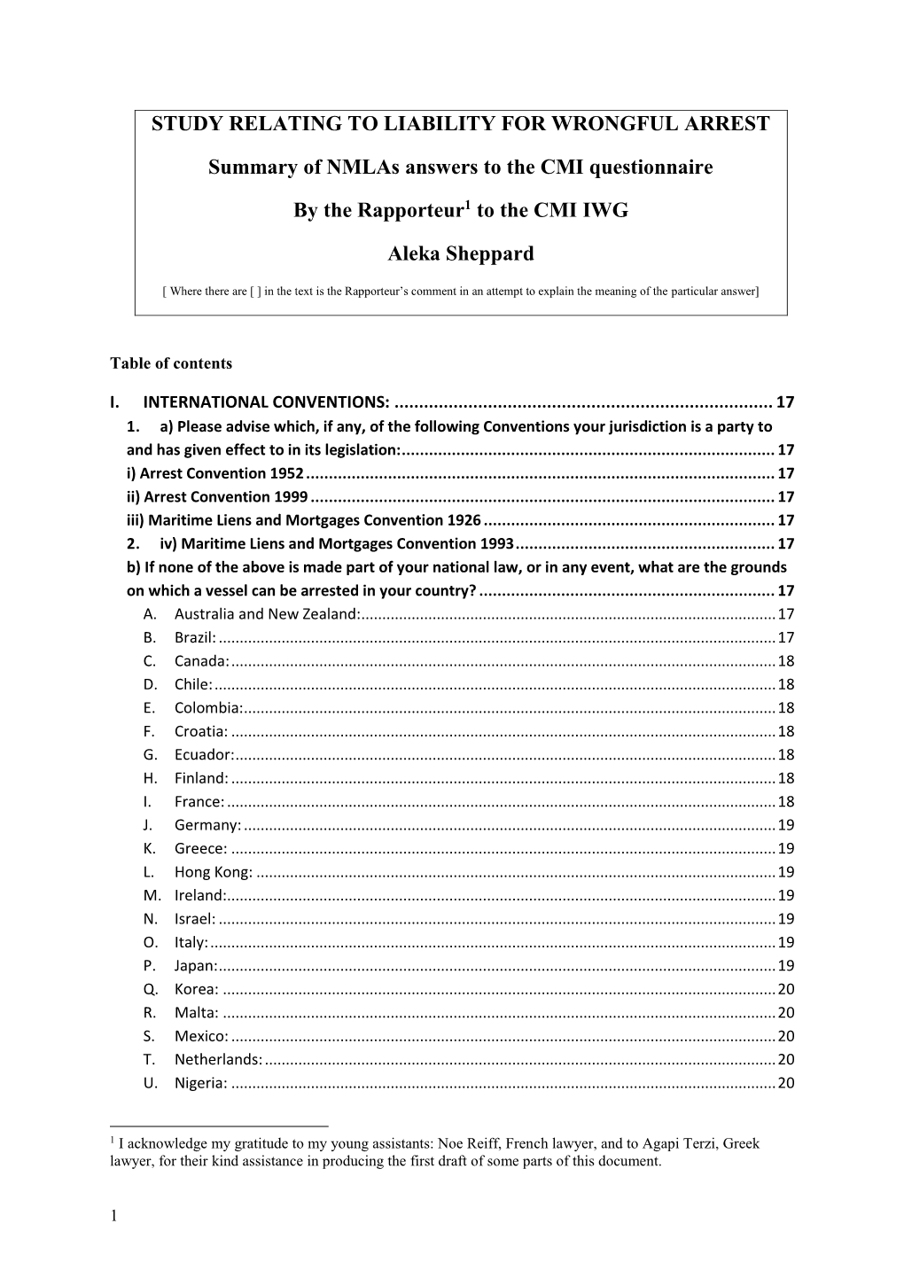 STUDY RELATING to LIABILITY for WRONGFUL ARREST Summary Of