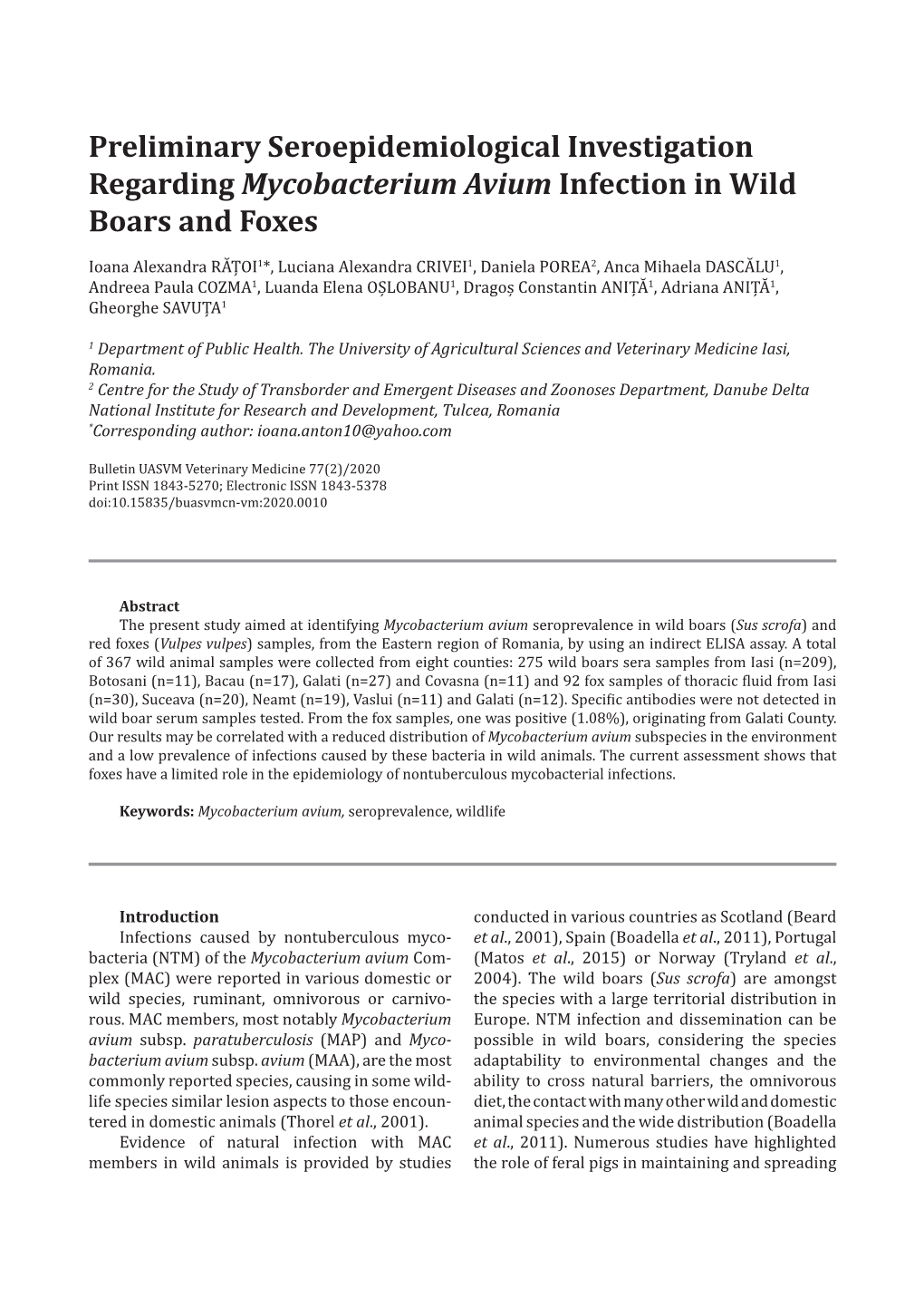 Preliminary Seroepidemiological Investigation Regarding Mycobacterium Avium Infection in Wild Boars and Foxes