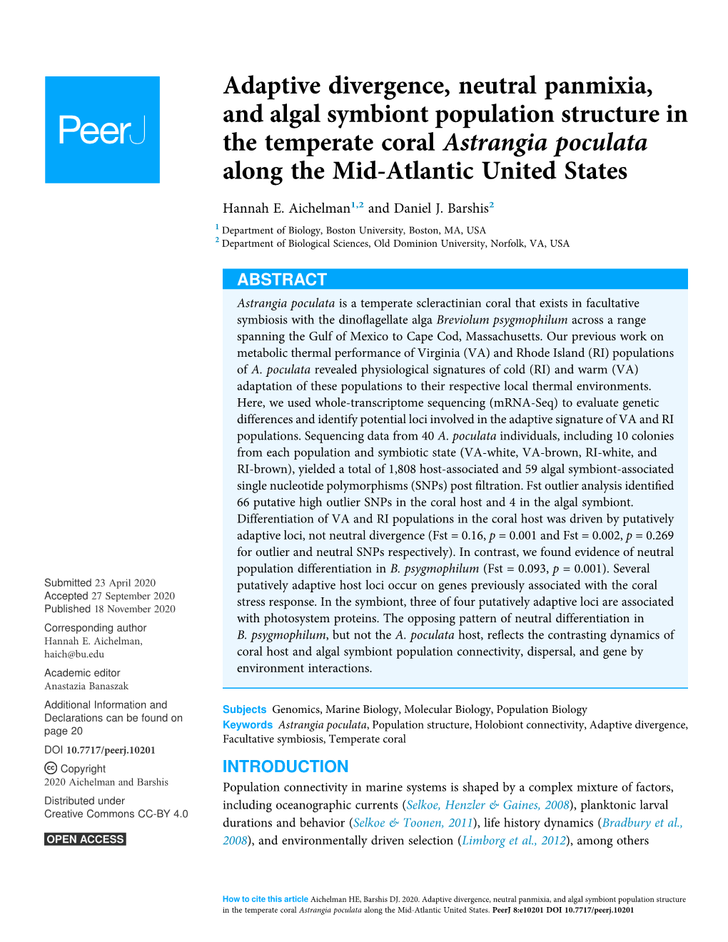 Adaptive Divergence, Neutral Panmixia, and Algal Symbiont Population Structure in the Temperate Coral Astrangia Poculata Along the Mid-Atlantic United States