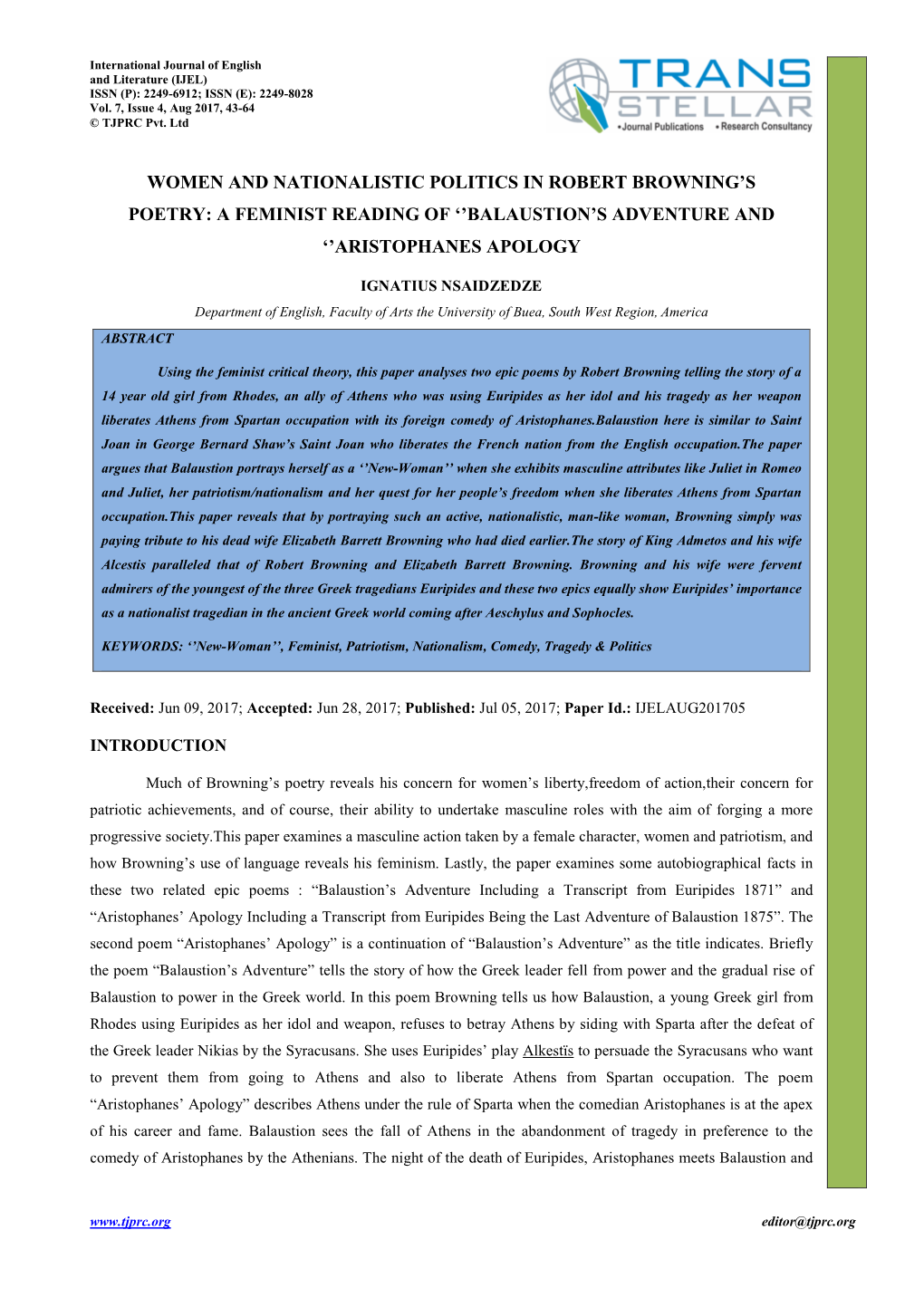 Women and Nationalistic Politics in Robert Browning’S Poetry: a Feminist Reading of ‘’Balaustion’S Adventure and ‘’Aristophanes Apology