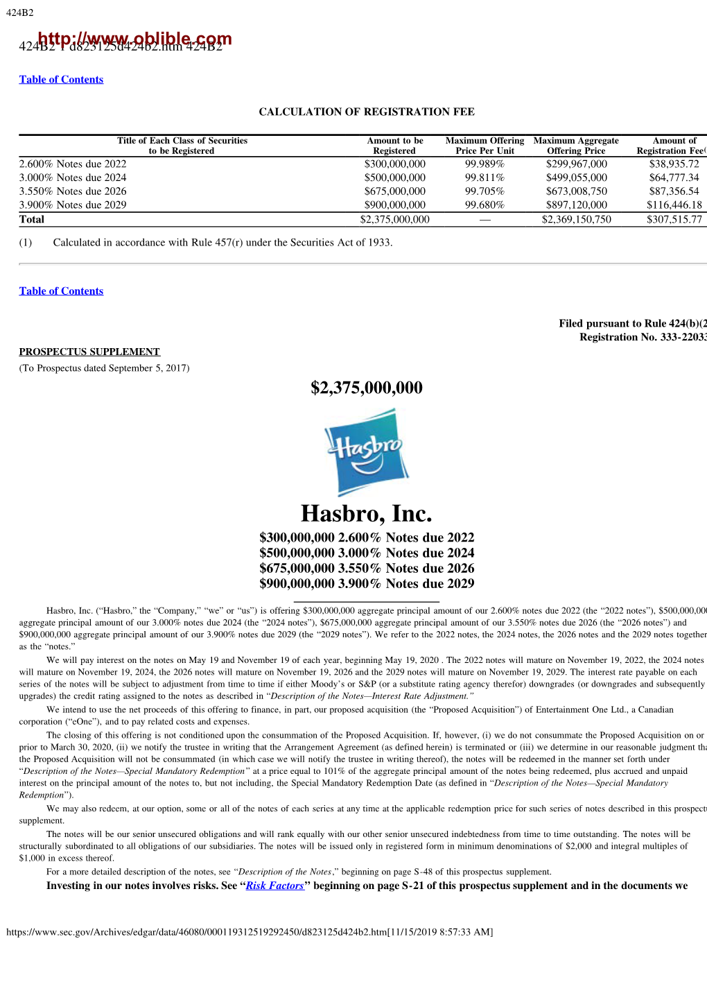 Hasbro, Inc. $300,000,000 2.600% Notes Due 2022 $500,000,000 3.000% Notes Due 2024 $675,000,000 3.550% Notes Due 2026 $900,000,000 3.900% Notes Due 2029