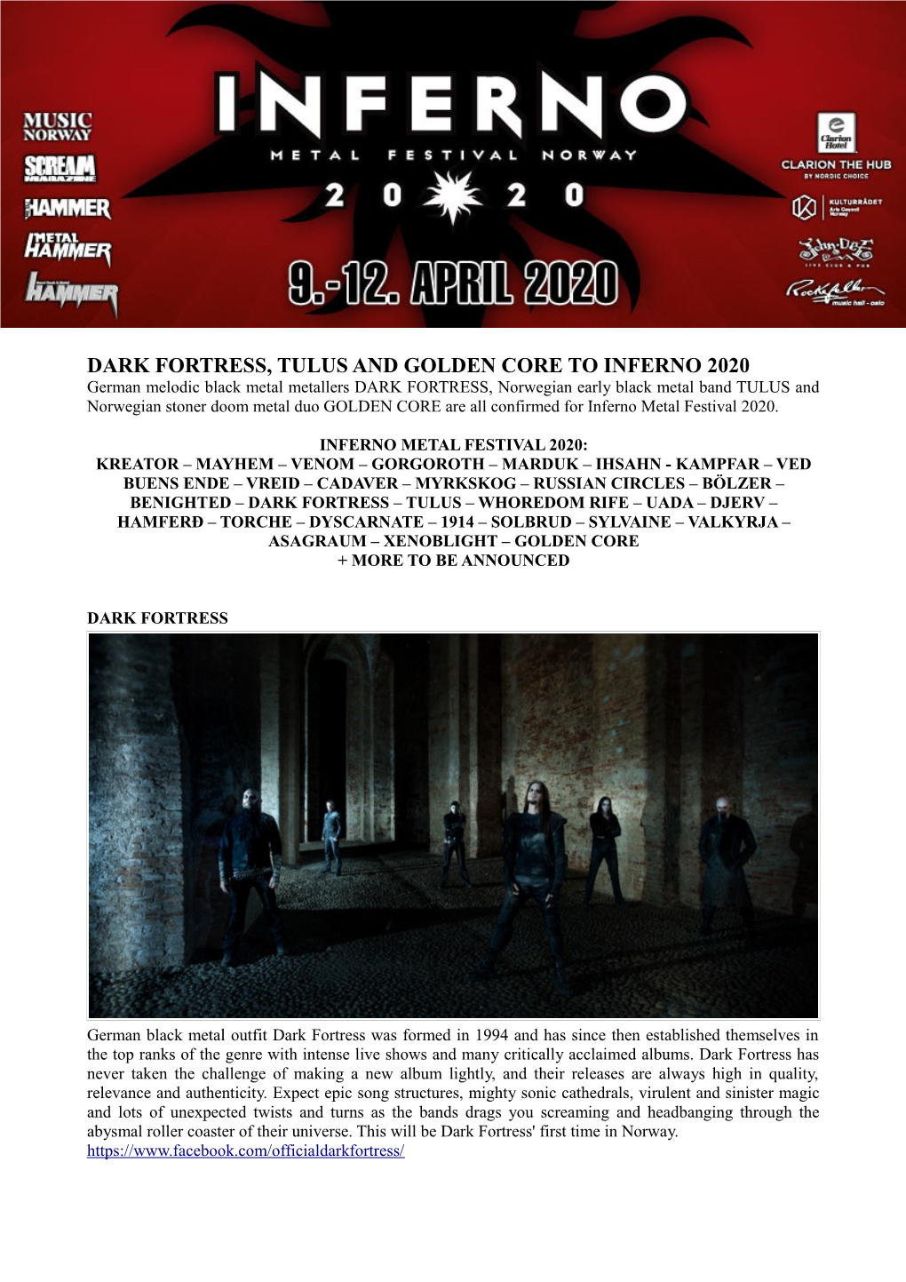 Dark Fortress, Tulus and Golden Core to Inferno 2020