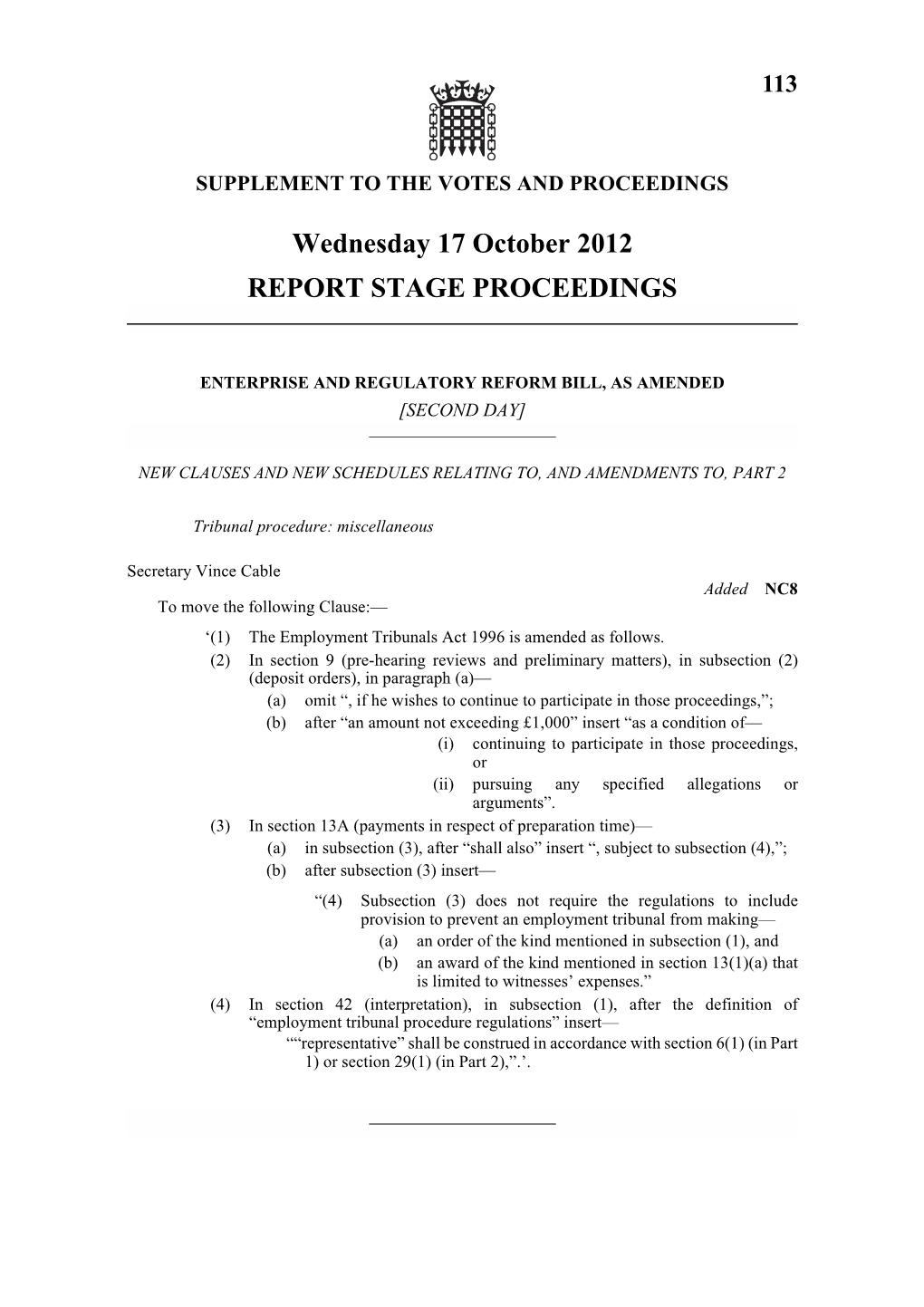 Wednesday 17 October 2012 REPORT STAGE PROCEEDINGS