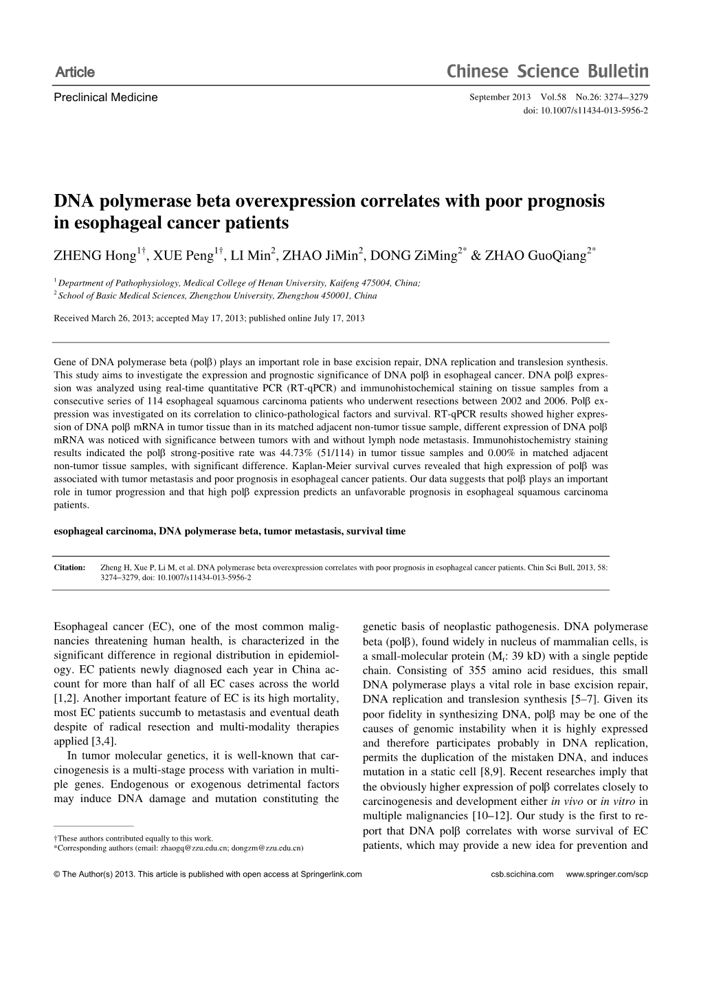 DNA Polymerase Beta Overexpression Correlates with Poor Prognosis in Esophageal Cancer Patients