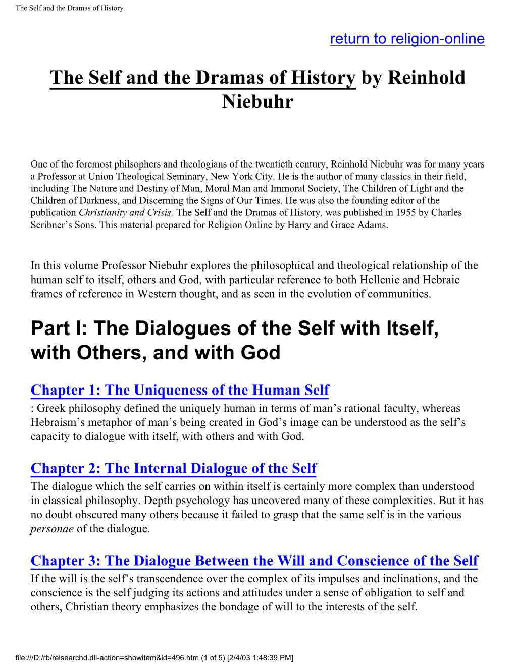 The Self and the Dramas of History by Reinhold Niebuhr