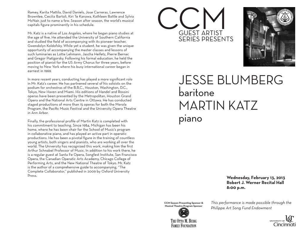 JESSE BLUMBERG Baritone MARTIN KATZ Piano