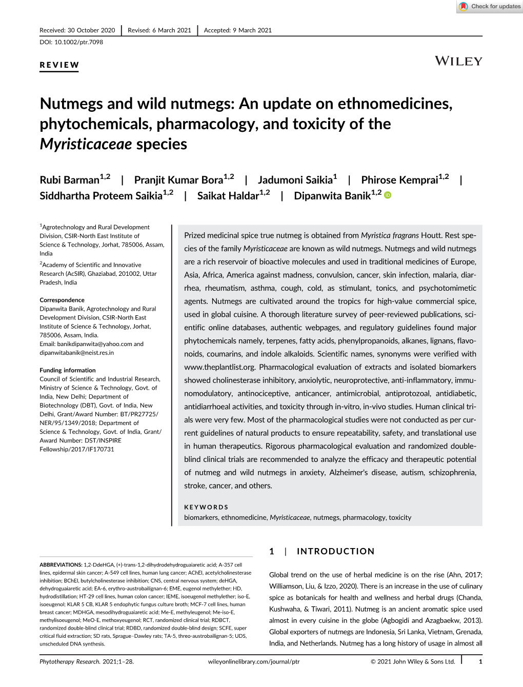 An Update on Ethnomedicines, Phytochemicals, Pharmacology, and Toxicity of the Myristicaceae Species