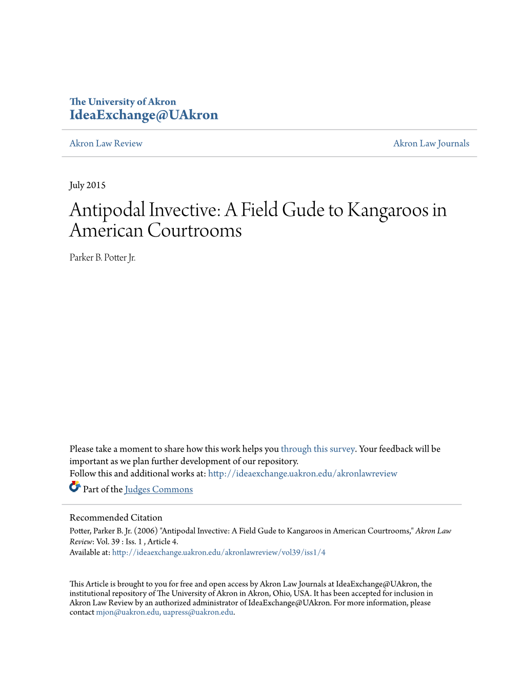 Antipodal Invective: a Field Gude to Kangaroos in American Courtrooms Parker B