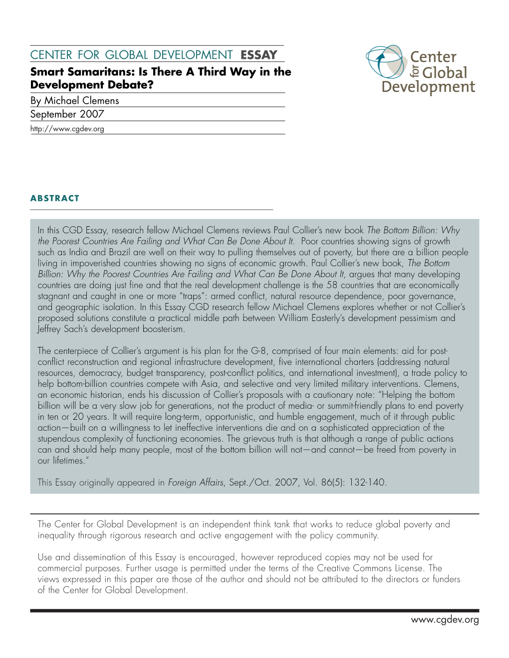 Smart Samaritans: Is There a Third Way in the Development Debate? by Michael Clemens September 2007