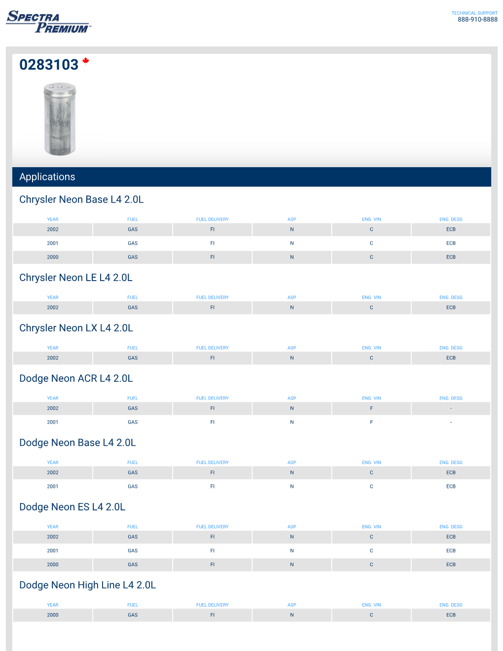 Applications Chrysler Neon Base L4 2.0L