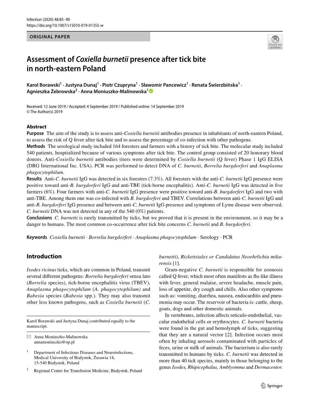 Assessment of Coxiella Burnetii Presence After Tick Bite in North‑Eastern Poland