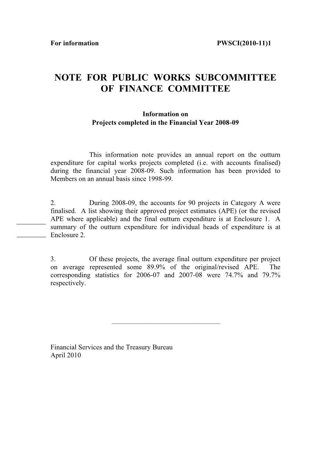 Note for Public Works Subcommittee of Finance Committee