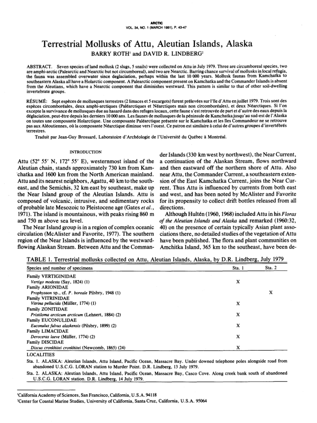 Terrestrial Mollusks of Attu, Aleutian Islands, Alaska BARRY ROTH’ and DAVID R