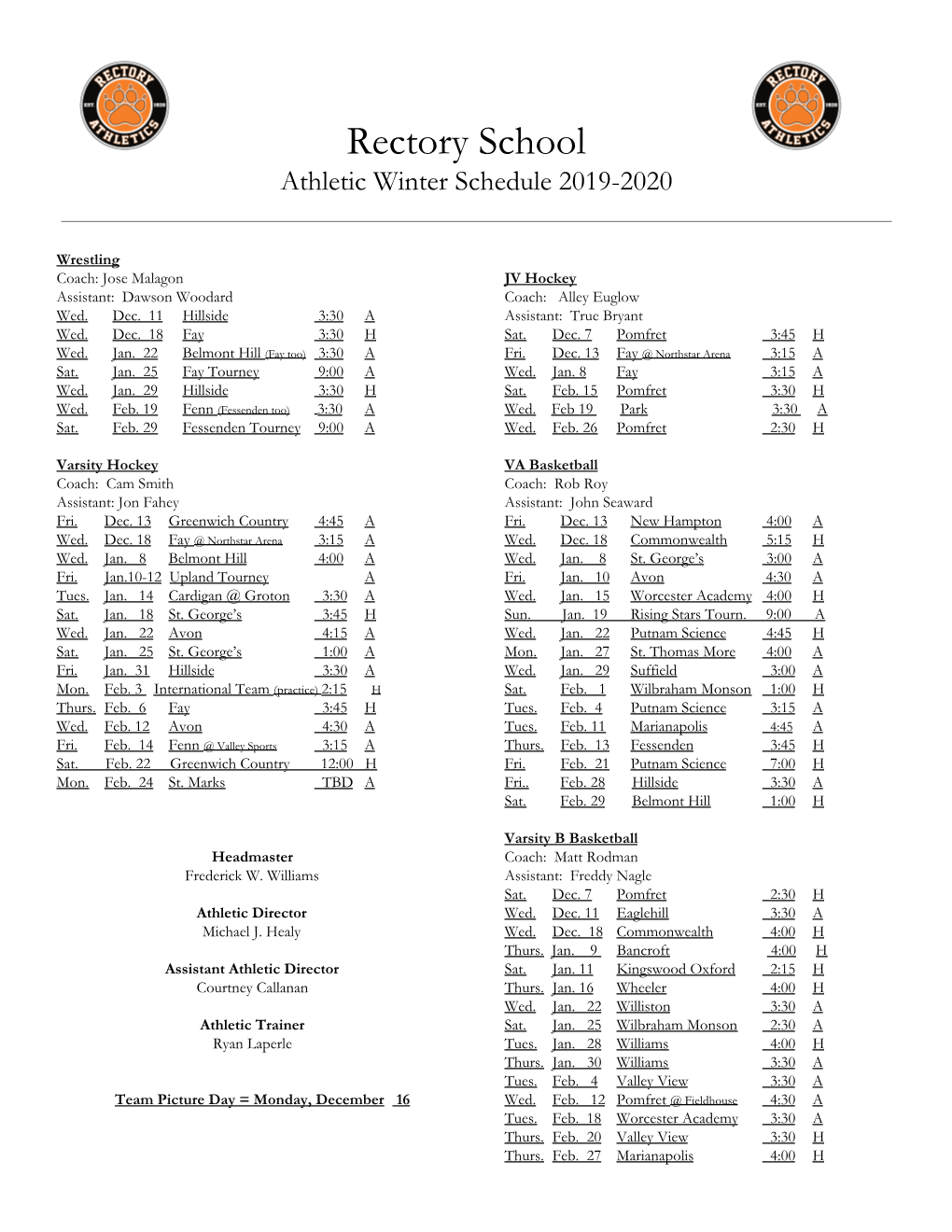 Rectory School Athletic Winter Schedule 2019-2020