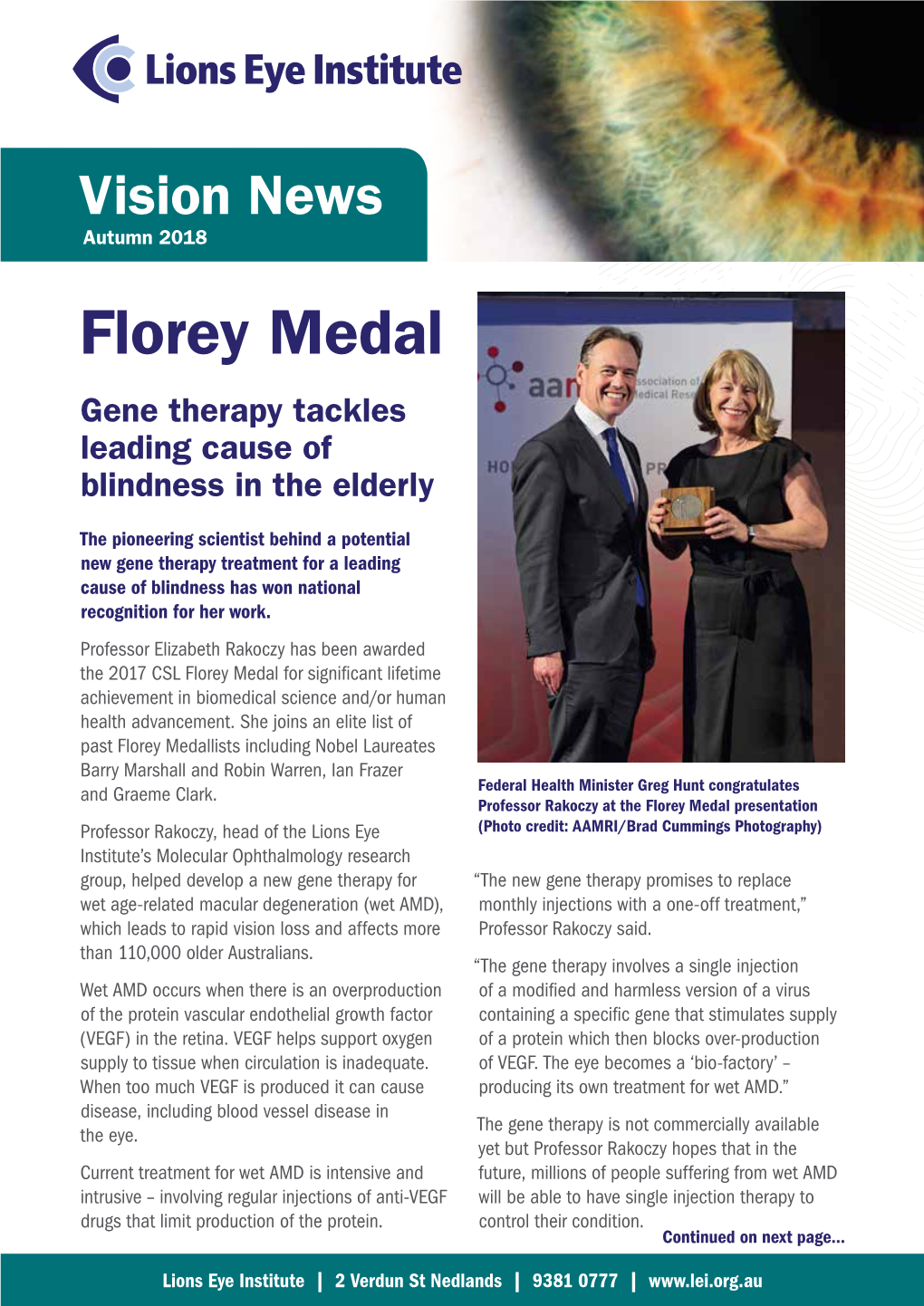 Florey Medal Gene Therapy Tackles Leading Cause of Blindness in the Elderly