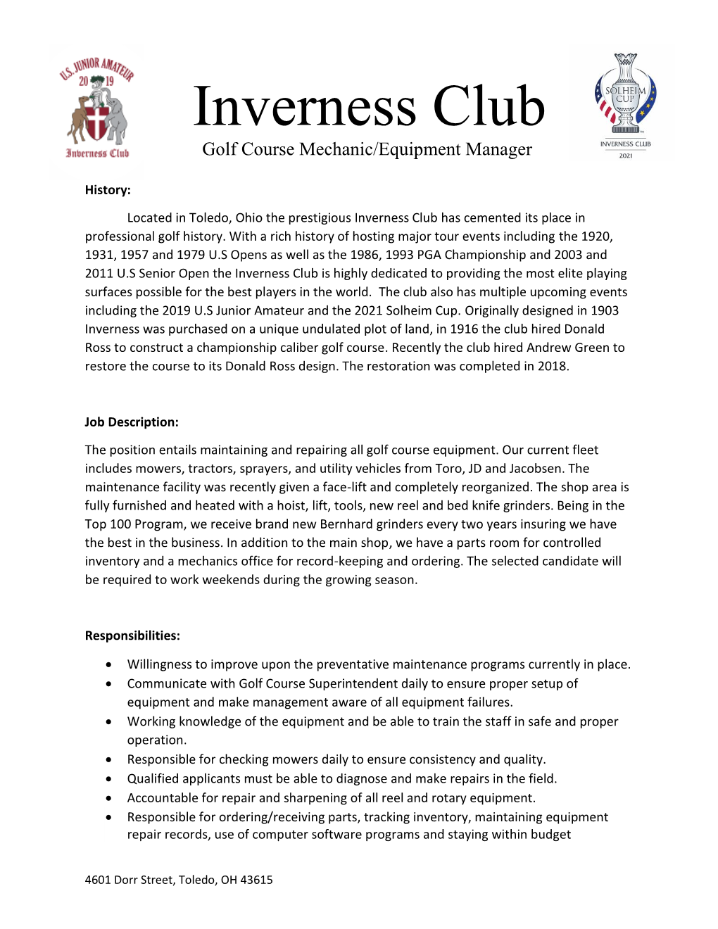 Inverness Club Golf Course Mechanic/Equipment Manager