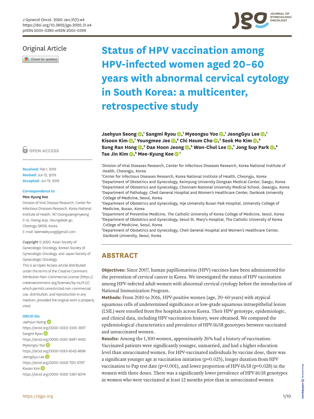 Status of HPV Vaccination Among HPV-Infected Women Aged 20–60 Years with Abnormal Cervical Cytology in South Korea: a Multicenter, Retrospective Study