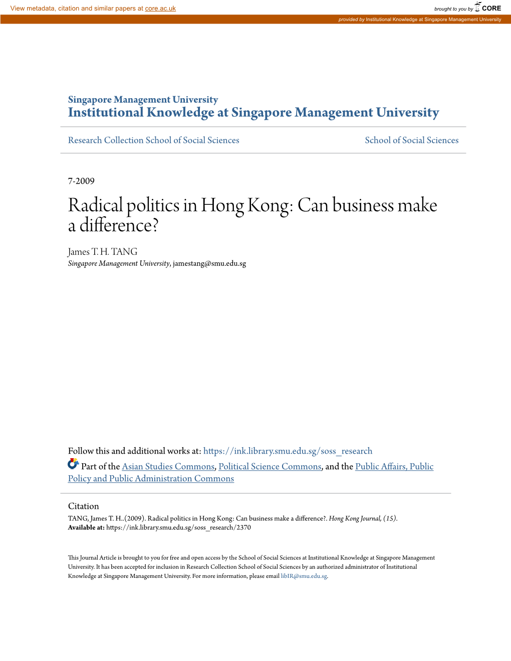 Radical Politics in Hong Kong: Can Business Make a Difference? James T