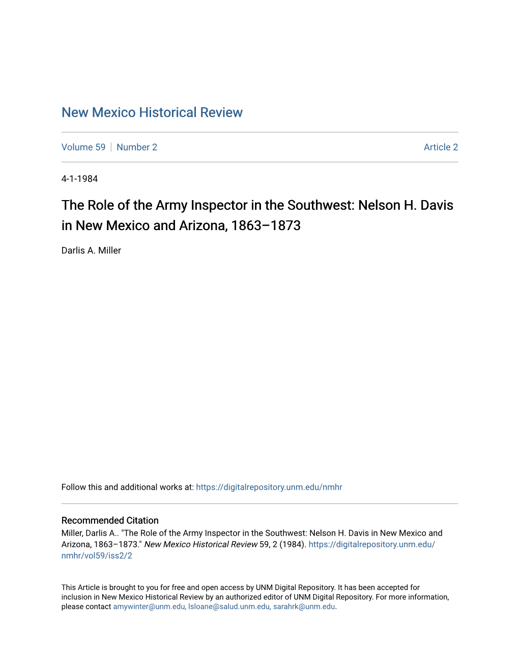 The Role of the Army Inspector in the Southwest: Nelson H. Davis in New Mexico and Arizona, 1863–1873