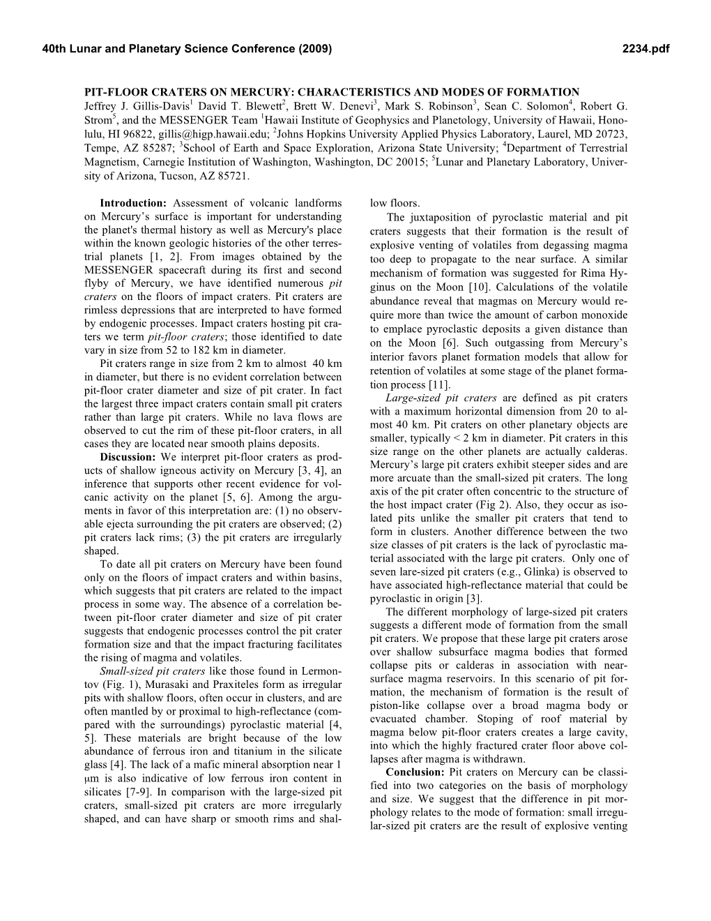 PIT-FLOOR CRATERS on MERCURY: CHARACTERISTICS and MODES of FORMATION Jeffrey J