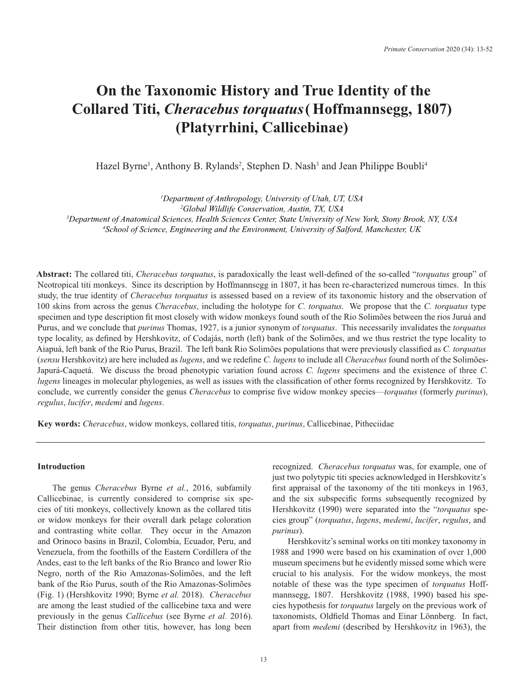 The Identity of the Collared Titi Cheracebus Torquatus