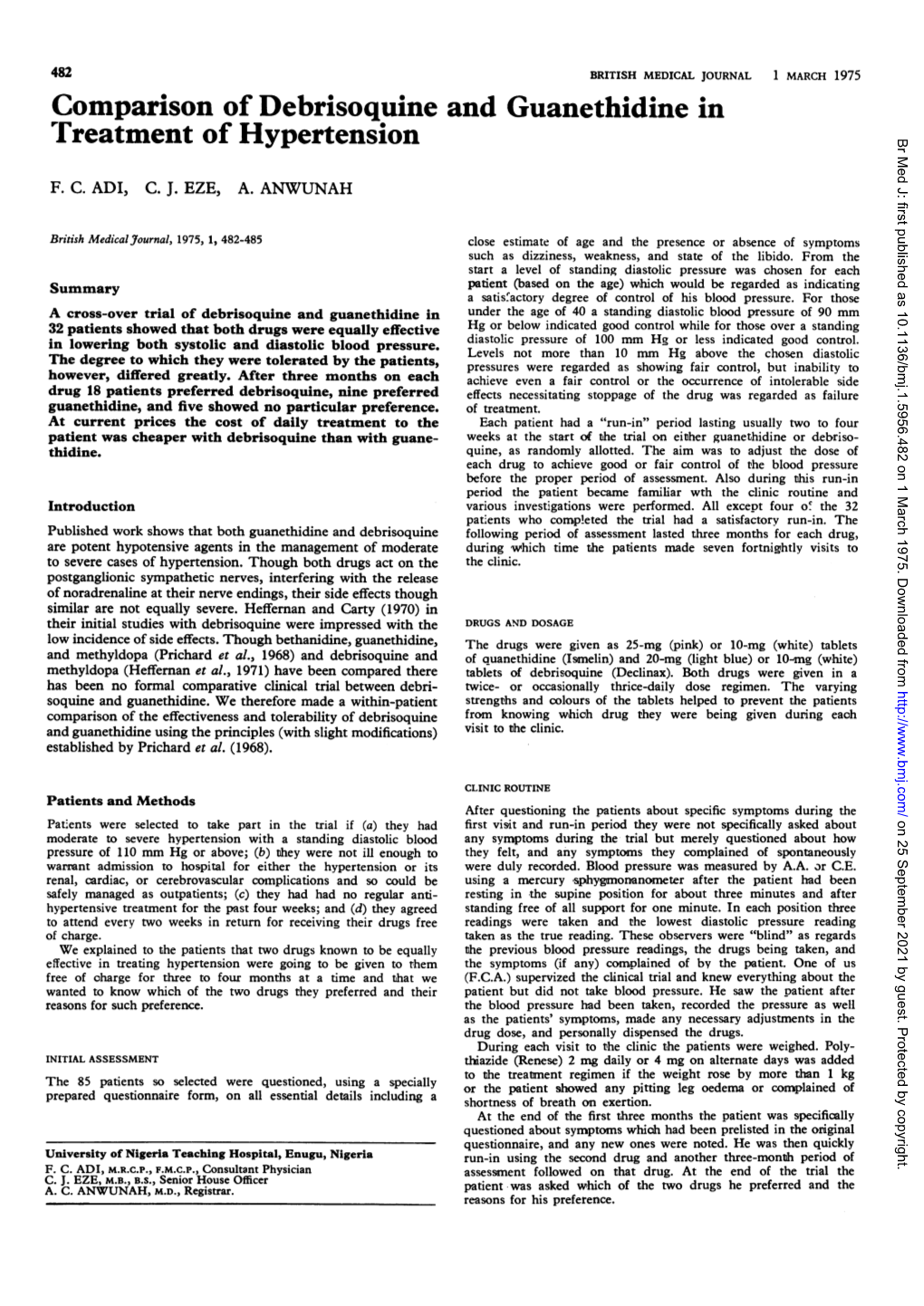 Comparison of Debrisoquine and Guanethidine In