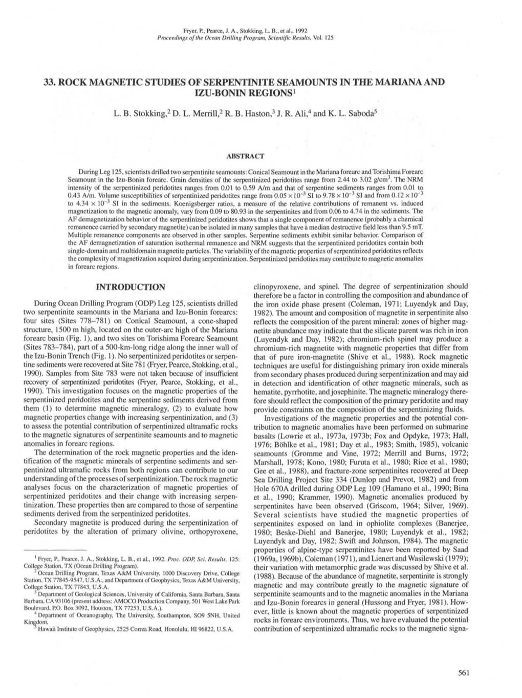 33. Rock Magnetic Studies of Serpentinite Seamounts in the Mariana and Izu-Bonin Regions1