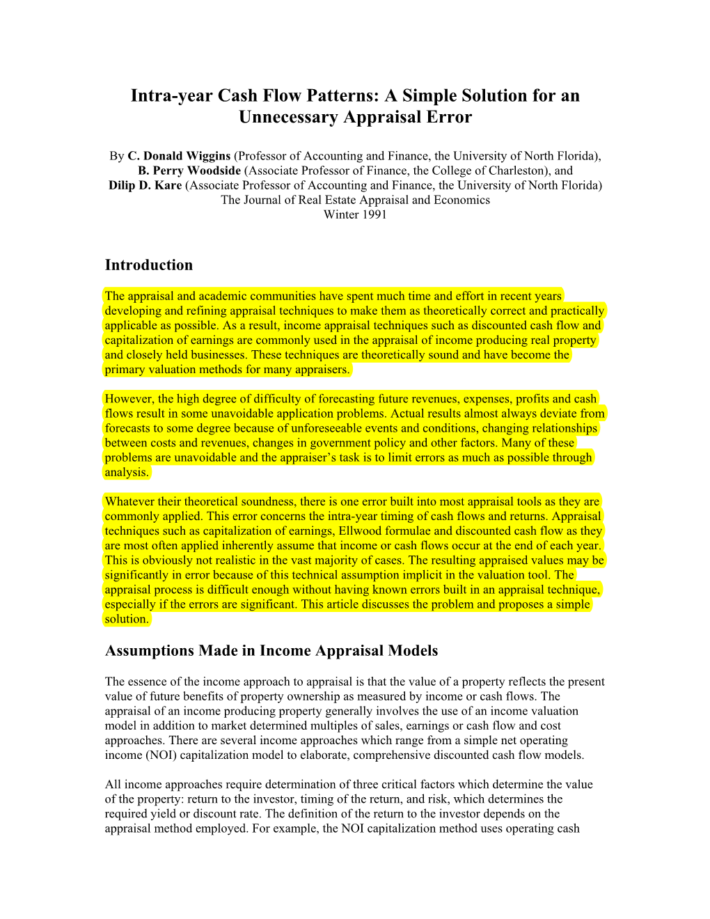 Intra-Year Cash Flow Patterns: a Simple Solution for an Unnecessary Appraisal Error