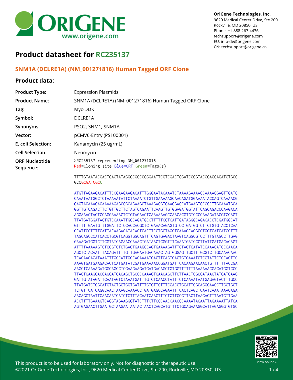SNM1A (DCLRE1A) (NM 001271816) Human Tagged ORF Clone Product Data