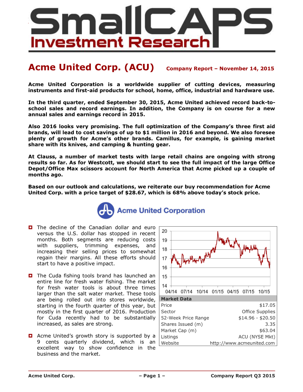 (ACU) Company Report – November 14, 2015 Acme United Corporation Is a Worldwide Supplier of Cutting Devices