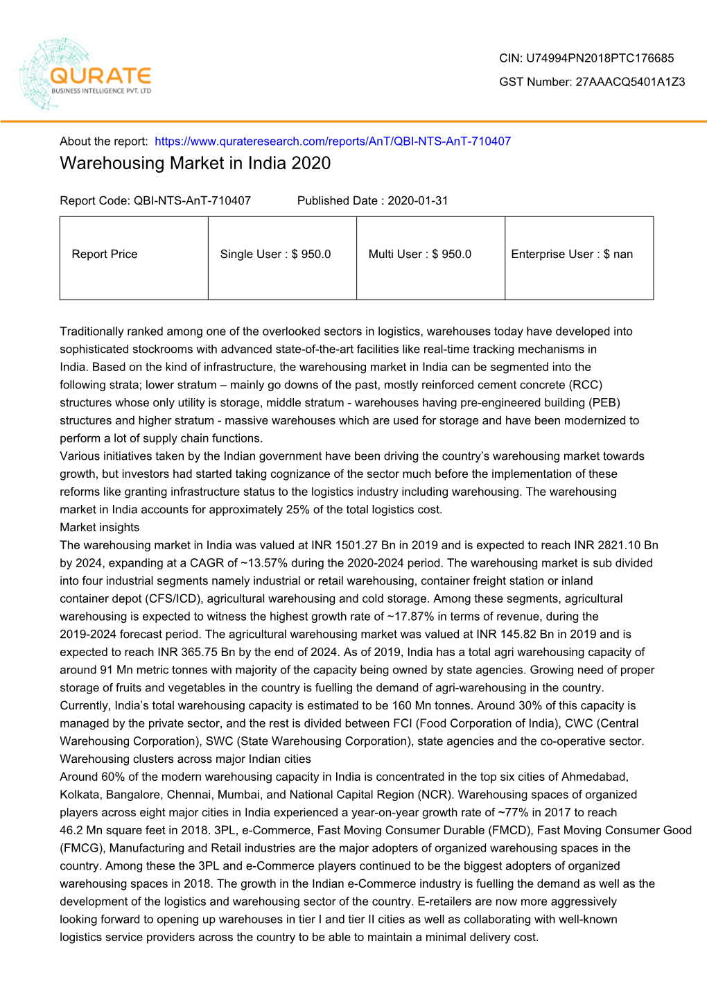 Warehousing Market in India 2020