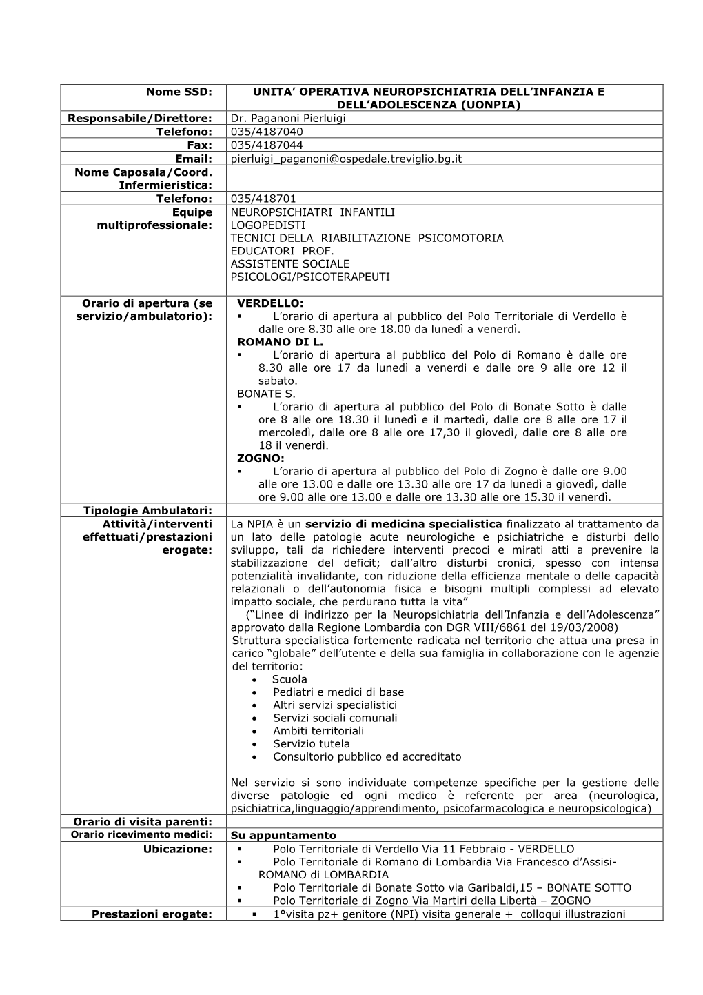 UONPIA) Responsabile/Direttore: Dr