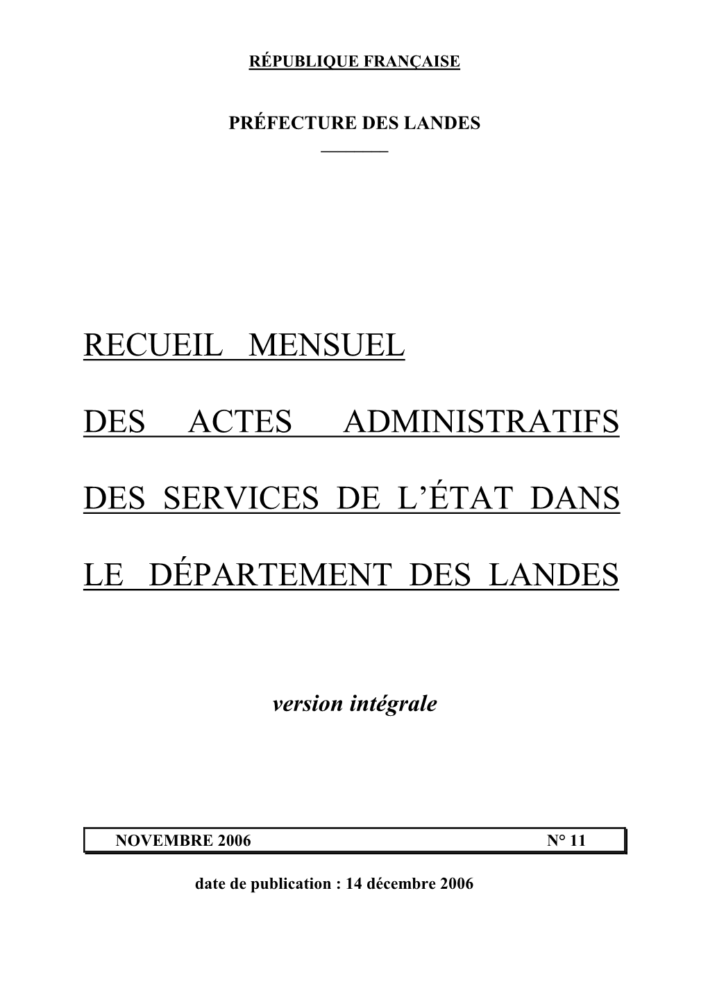 Recueil Mensuel Des Actes Administratifs Des Services