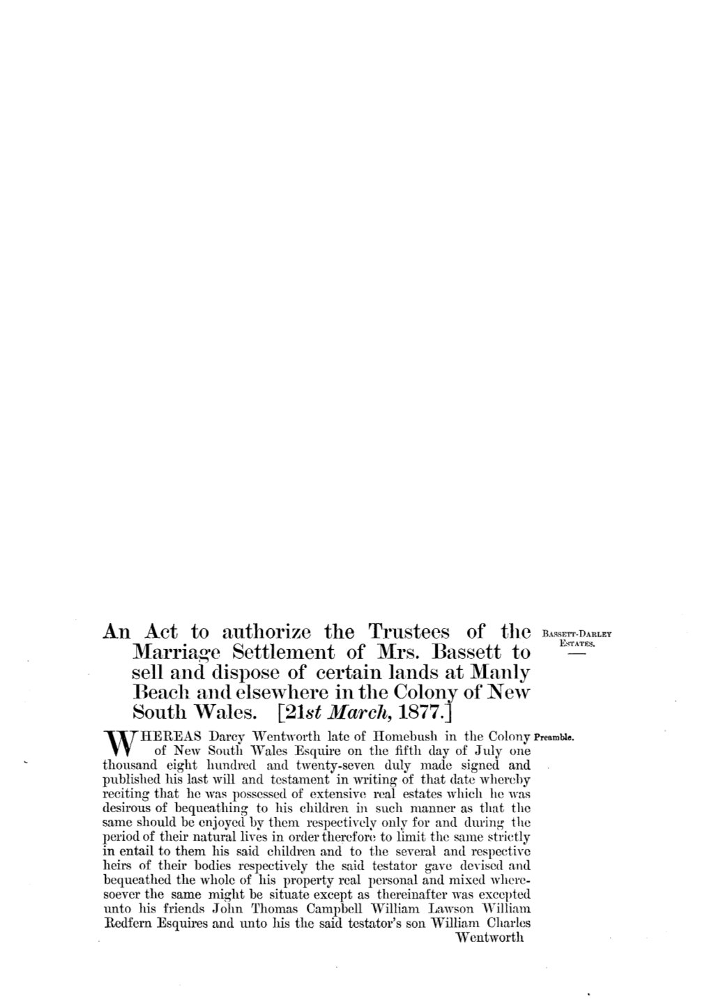 An Act to Authorize the Trustees of the Marriage Settlement of Mrs. Bassett to Sell and Dispose of Certain Lands at Manly Beach