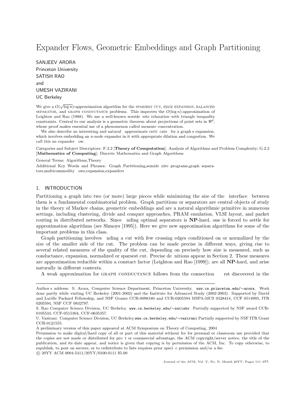 Expander Flows, Geometric Embeddings and Graph Partitioning