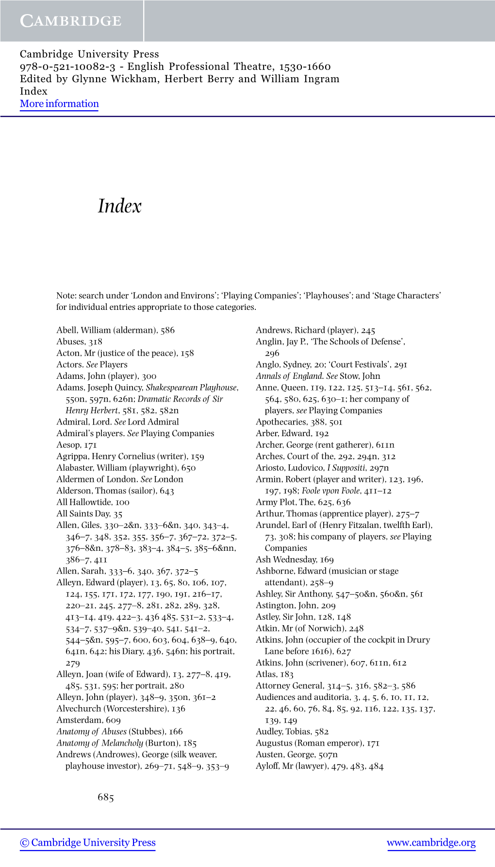 English Professional Theatre, 1530-1660 Edited by Glynne Wickham, Herbert Berry and William Ingram Index More Information