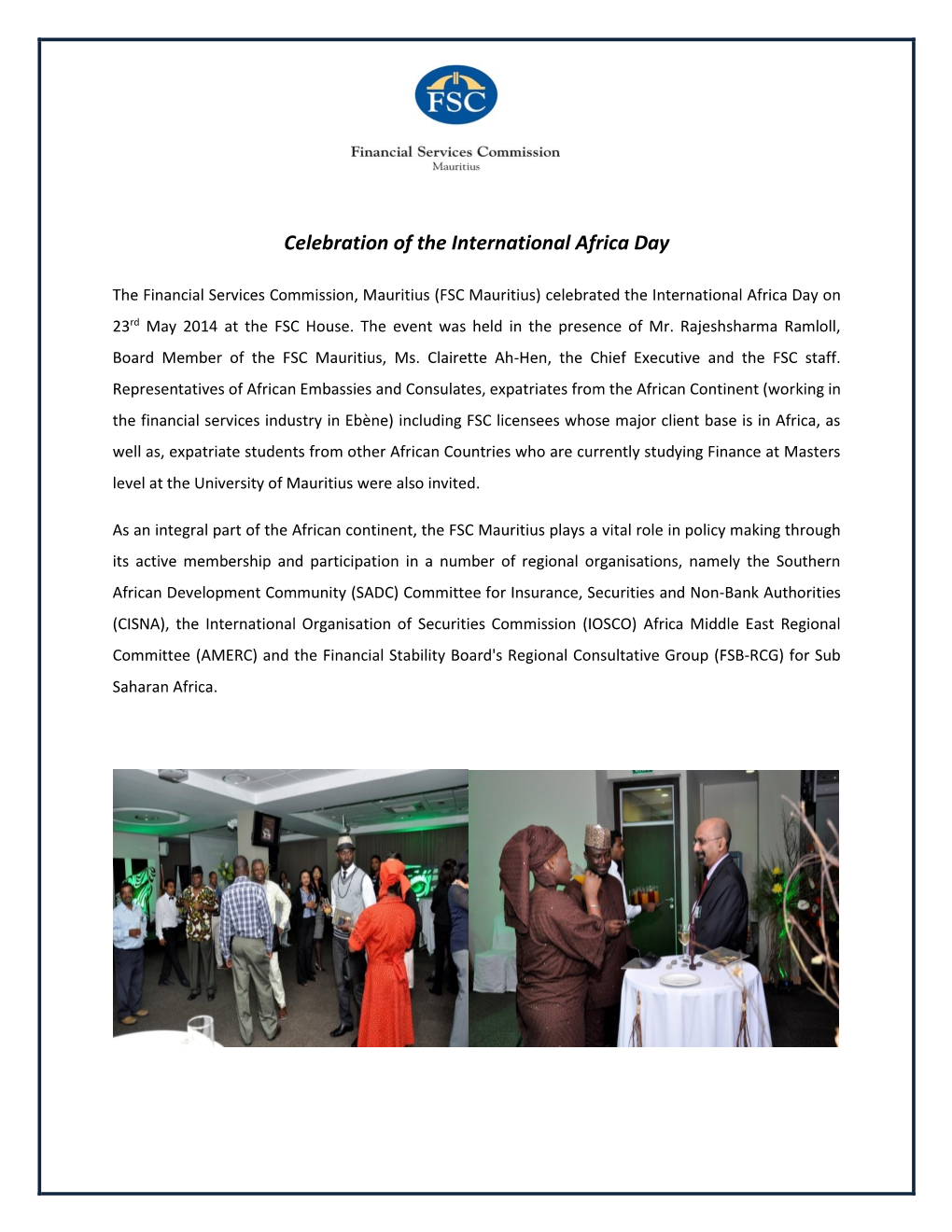 FSC Mauritius) Celebrated the International Africa Day on 23Rd May 2014 at the FSC House