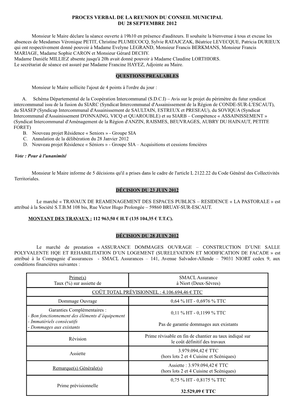 Proces Verbal De La Reunion Du Conseil Municipal Du 28 Septembre 2012