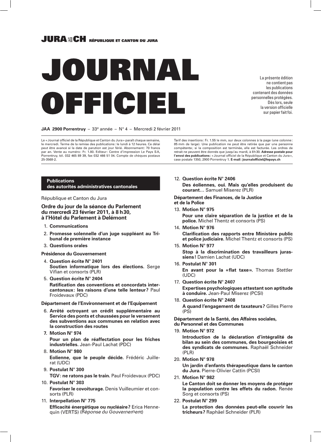 Journal Officiel De La République Et Canton Du Jura » Paraît Chaque Semaine, Tarif Des Insertions : Fr