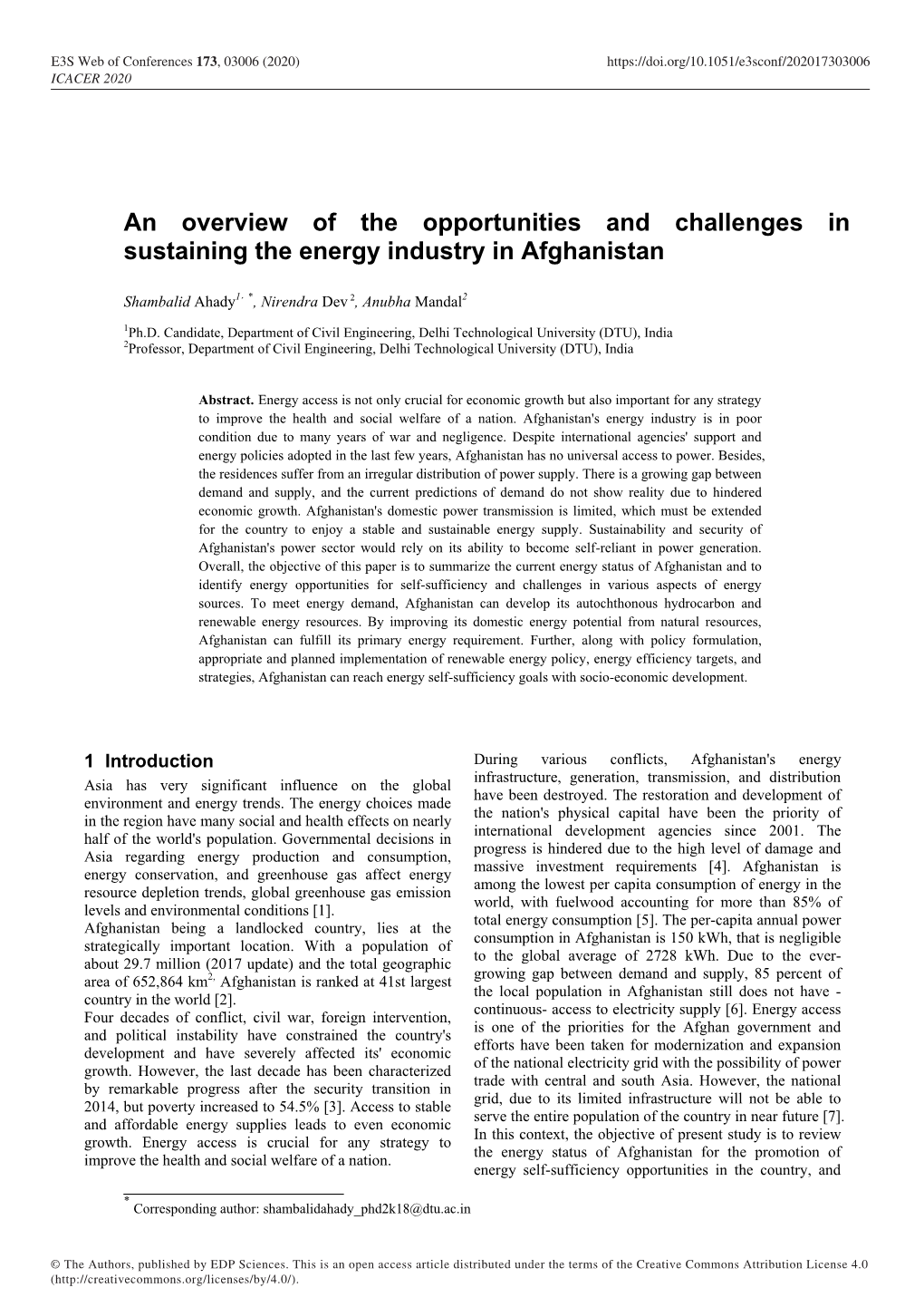 An Overview of the Opportunities and Challenges in Sustaining the Energy Industry in Afghanistan