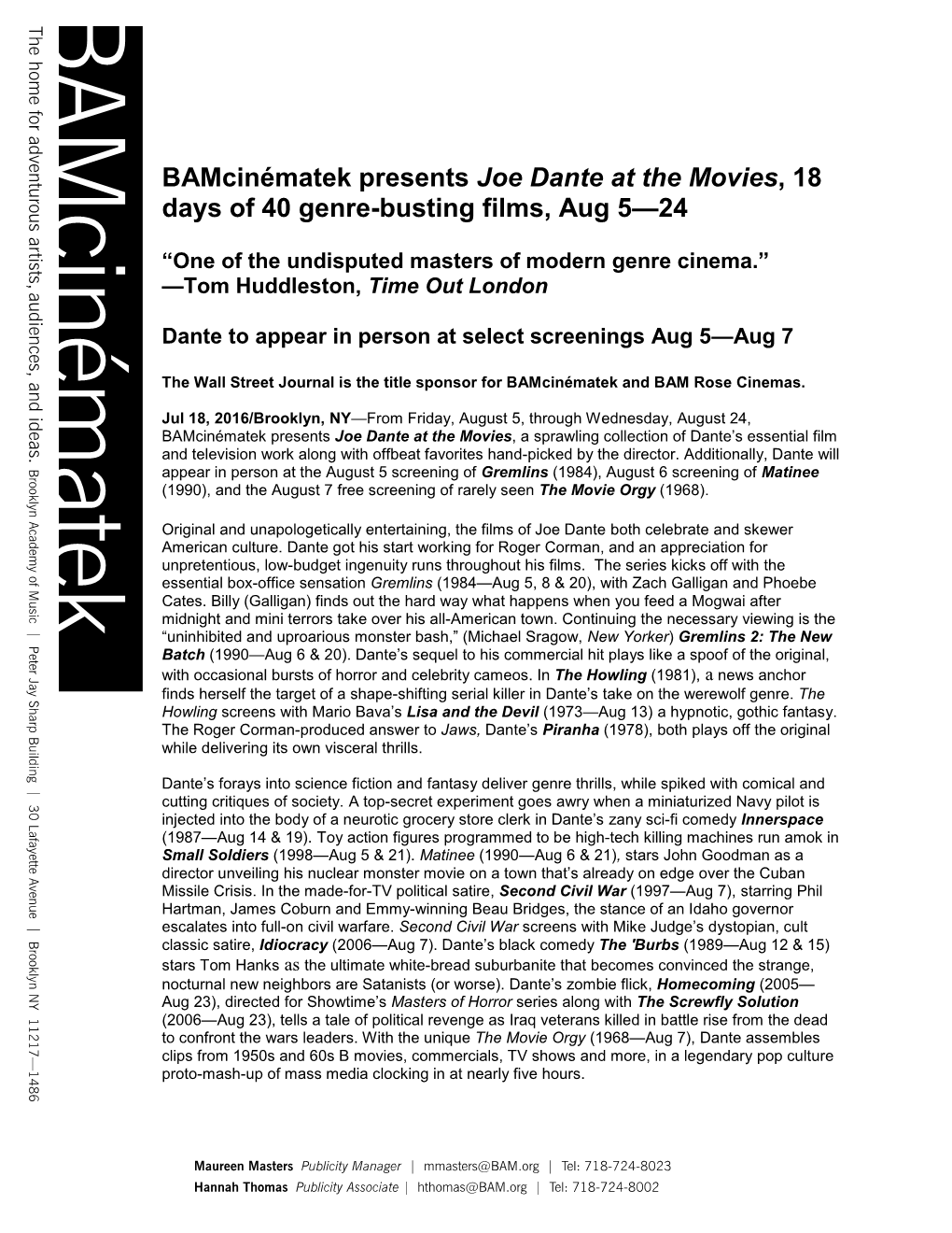 Bamcinématek Presents Joe Dante at the Movies, 18 Days of 40 Genre-Busting Films, Aug 5—24