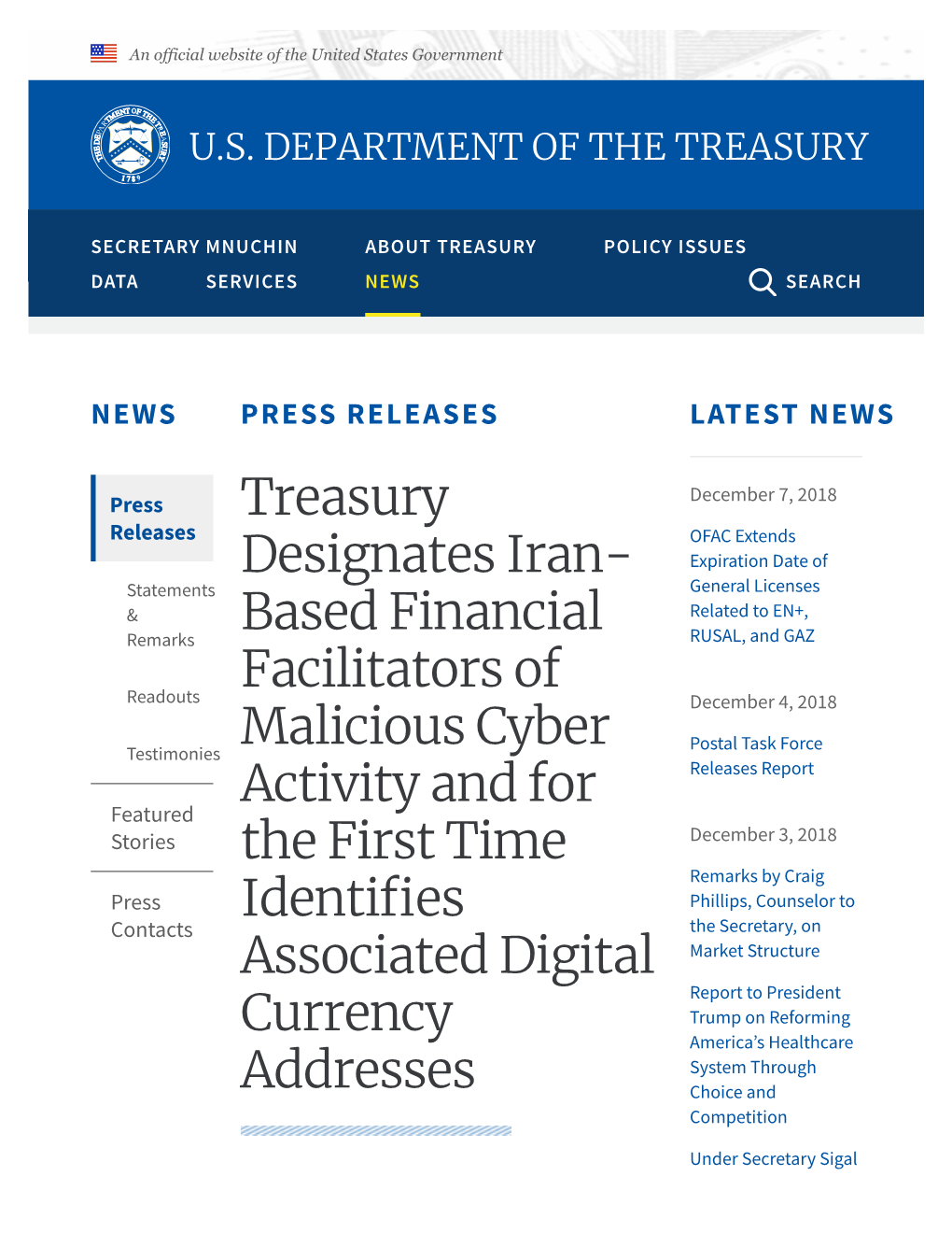 Treasury Designates Iran- Based Financial Facilitators of Malicious