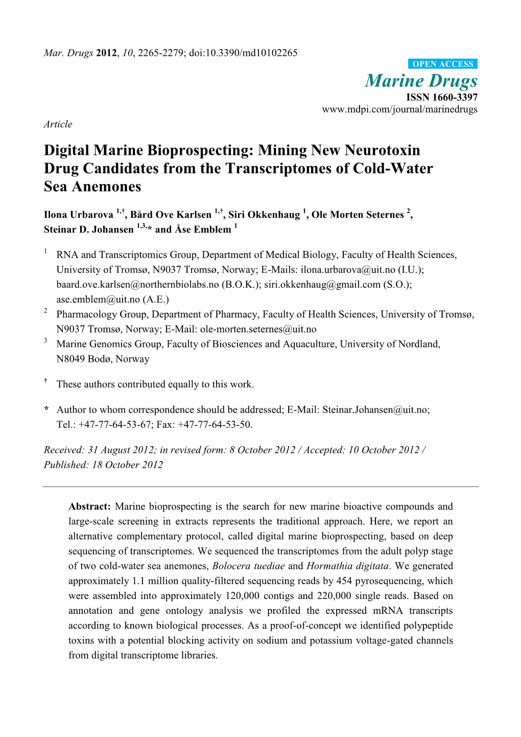 Digital Marine Bioprospecting: Mining New Neurotoxin Drug Candidates from the Transcriptomes of Cold-Water Sea Anemones